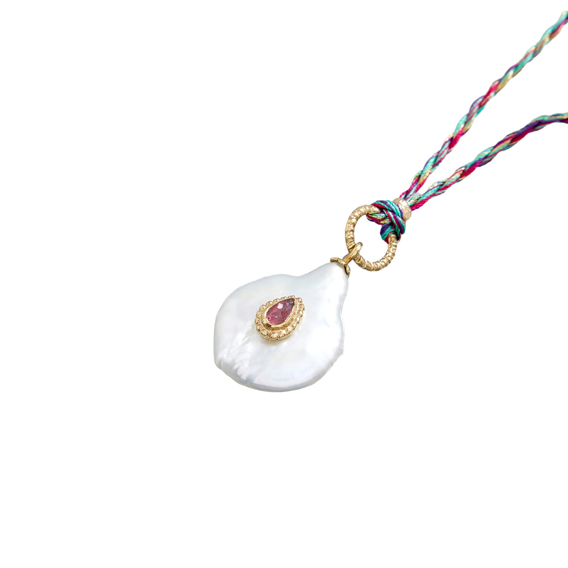 NAIADE Collier Perle baroque Tourmaline rose sur cordon de soie - Argent 925 plaqué or