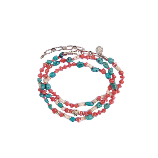 ADOUM Bracelet 3-Tours et collier Corail véritable, Turquoise, laiton plaqué or 24 cts