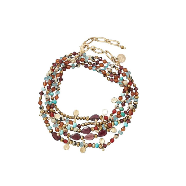 ADOUM Bracelet multi-tours, Turquoise, Cornaline, Hessonite, plaqué Or 24 cts