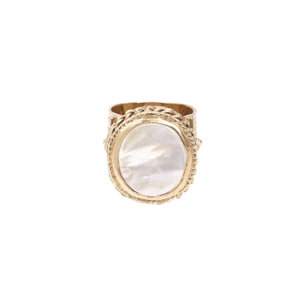 JULIET OVALE Engraved White Mother-of-Pearl Signet Ring, 24k Gold-Plated