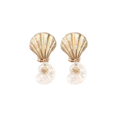 NAUTILUS Clip-On Earrings, Carved Mother-of-Pearl Shell & Gold-Tone Shell