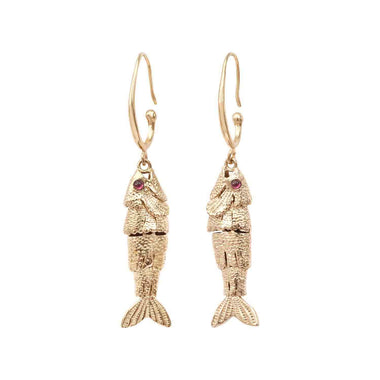 PAROS Articulated Fish Hoop Earrings, Garnet, 24k Gold-Plated Brass