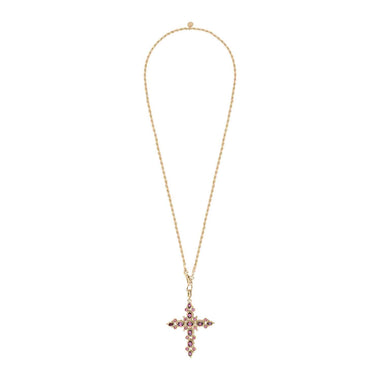 GRENADE Sautoir Croix Grenats, chaîne torsadée, doré à l'Or 24 cts
