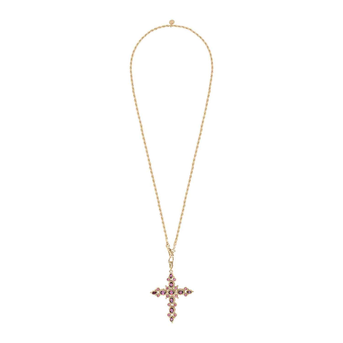 GRENADE Sautoir Croix Grenats, chaîne torsadée, doré à l'Or 24 cts