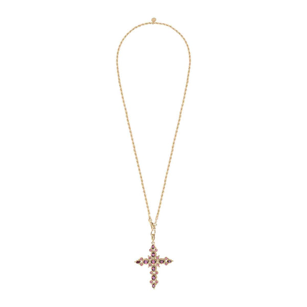 GRENADE Sautoir Croix Grenats, chaîne torsadée, doré à l'Or 24 cts