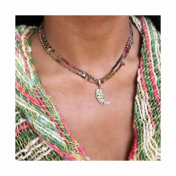 AKASHA Charm Corne Argent plaqué or 24 cts Tourmalines, bélière diamants