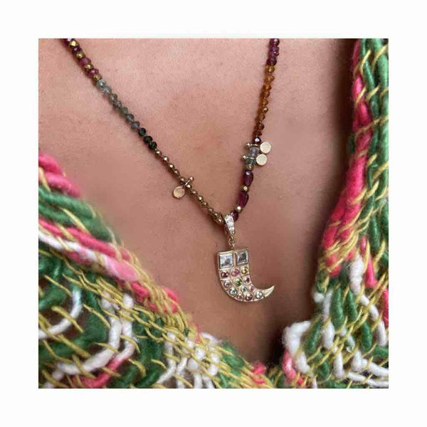 AKASHA Charm Corne Argent plaqué or 24 cts Tourmalines, bélière diamants