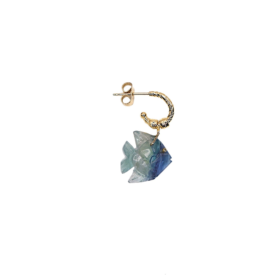 ALOHA Créole unique poisson sculpté Fluorite, oeil Diamant doré 24 cts