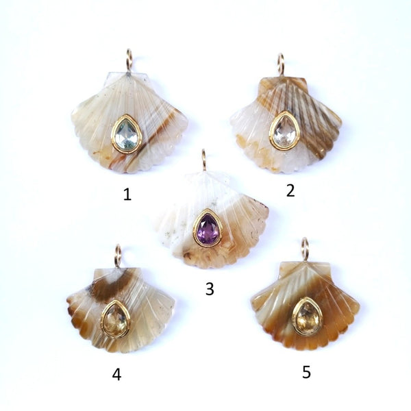 AMALFI Pendentif Coquillage sculpté Agate sertie Améthyste, Citrine ou topaze, argent plaqué or