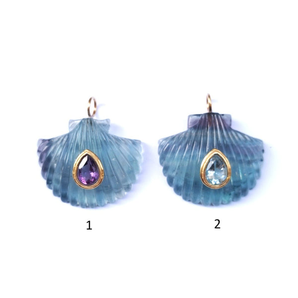 AMALFI Pendentif Coquillage sculpté Fluorite bleue sertie Améthyste ou Topaze, argent plaqué or