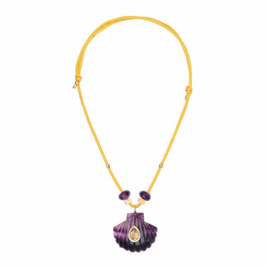 AMALFI Collier Coquillage Fluorite sertie Citrine, cordon perlé safran
