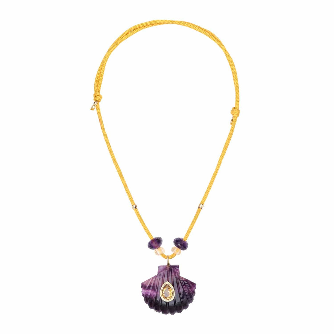 AMALFI Collier Coquillage Fluorite sertie Citrine, cordon perlé safran