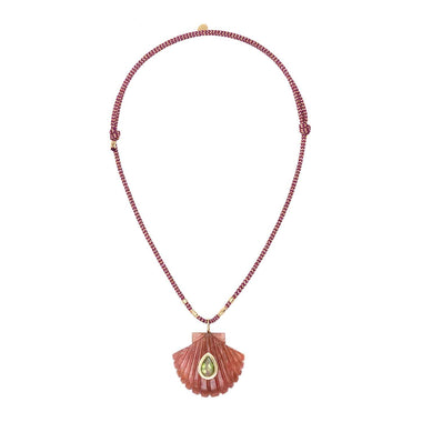 AMALFI Collier Coquillage Quartz Strawberry serti Péridot, cordon de soie