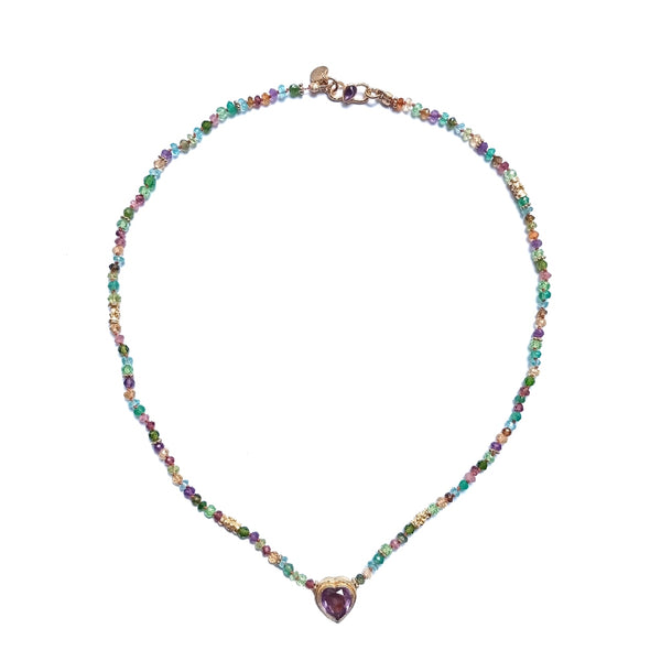 AMOUR Collier Coeur Citrine et Améthyste, perles en pierres multicolores, argent plaqué or
