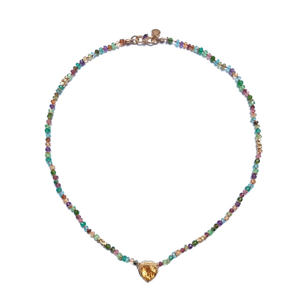AMOUR Collier Coeur Citrine et Améthyste, perles en pierres multicolores, argent plaqué or