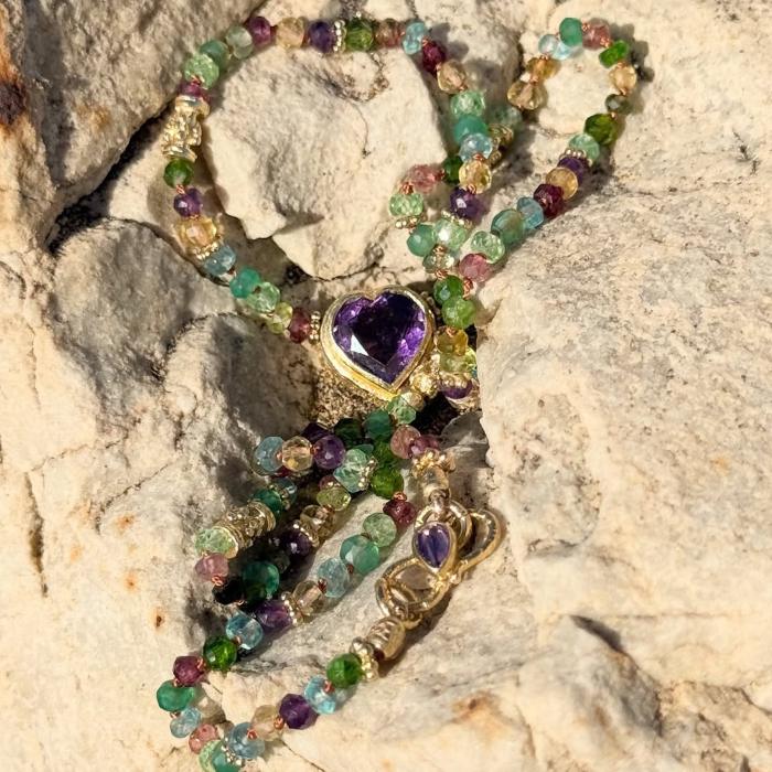 AMOUR Collier Coeur Citrine et Améthyste, perles en pierres multicolores, argent plaqué or