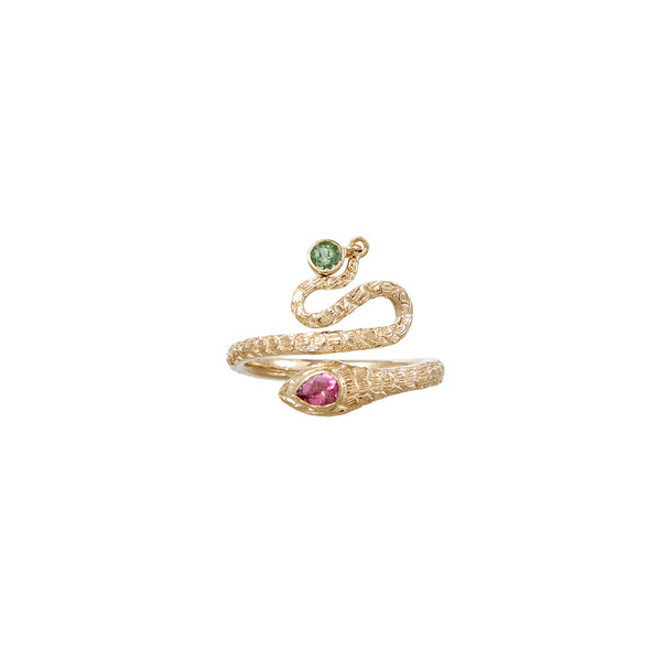 ANGITIA Bague Serpent Pampille Tourmalines, Argent plaqué Or 24 carats