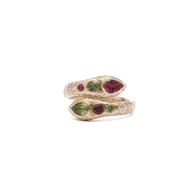 ANGITIA Bague Serpent Grand modèle Tourmalines multicolores, Argent plaqué Or