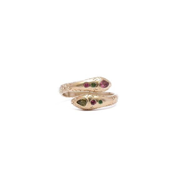 ANGITIA Bague Serpent Tourmalines, Argent plaqué Or
