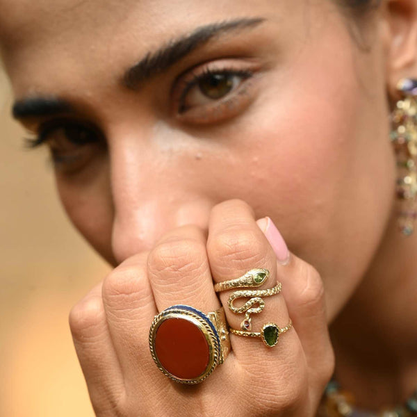 ANGITIA Bague Serpent Pampille Tourmalines, Argent plaqué Or 24 carats