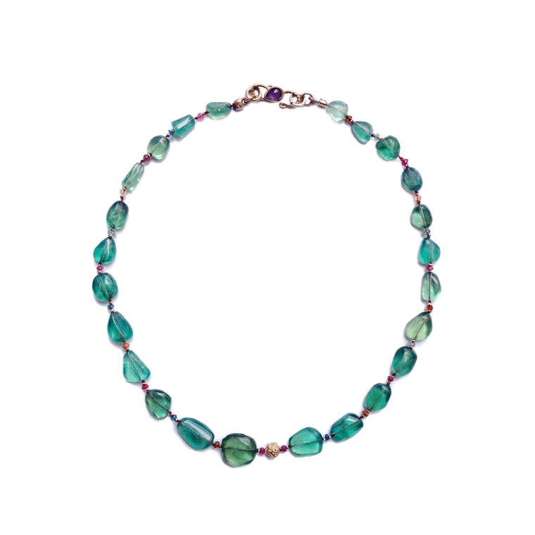 Collier Sautoir Argent 925 - Grenats, Préhnites, Fluorites Et Améthystes - 60 Cm - Neuf
