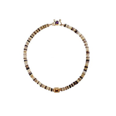 BAROCCA PRECIOUS Collier Puka précieux Quartz fumé et Quartz lemon, Perle Citrine et Améthyste, doré 24 cts