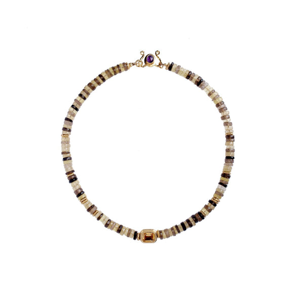 BAROCCA PRECIOUS Collier Puka précieux Quartz fumé et Quartz lemon, Perle Citrine et Améthyste, doré 24 cts