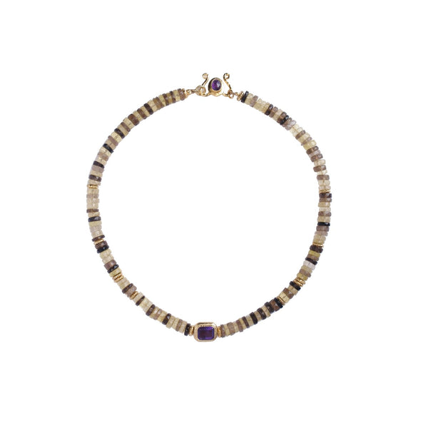 BAROCCA PRECIOUS Collier Puka précieux Quartz fumé et Quartz lemon, Perle Citrine et Améthyste, doré 24 cts