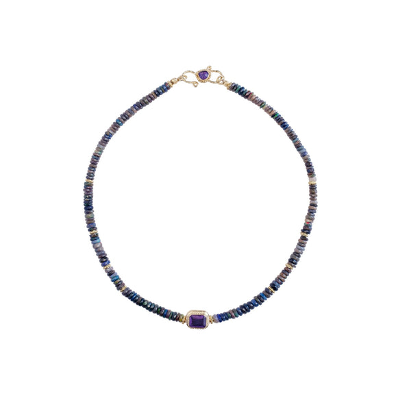 BAROCCA OPALE Collier Puka précieux Opale noire, Perle Améthyste et Labradorite, doré 24 cts