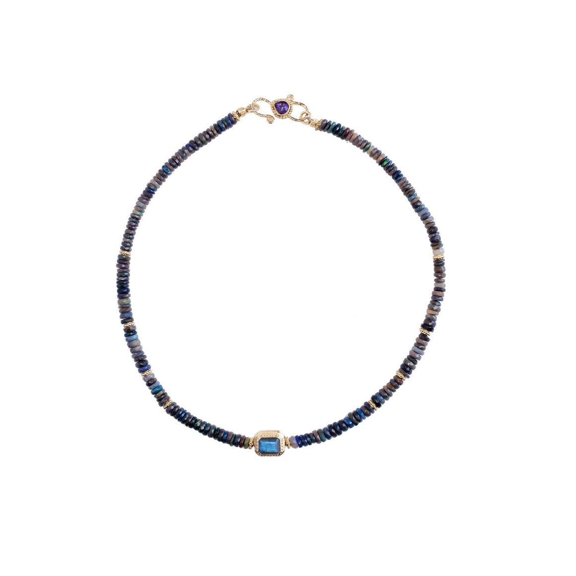 BAROCCA OPALE Collier Puka précieux Opale noire, Perle Améthyste et Labradorite, doré 24 cts