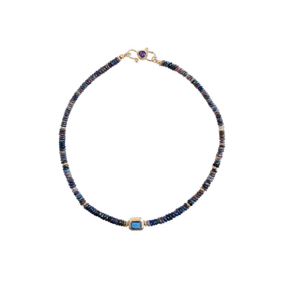 BAROCCA OPALE Collier Puka précieux Opale noire, Perle Améthyste et Labradorite, doré 24 cts