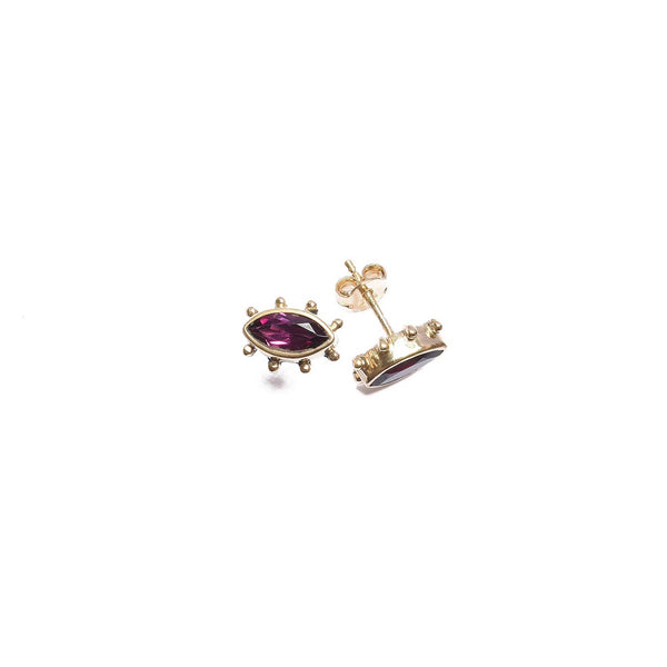 BLESSING Boucles d'Oreilles Puces Yeux Rhodolite Argent plaqué Or