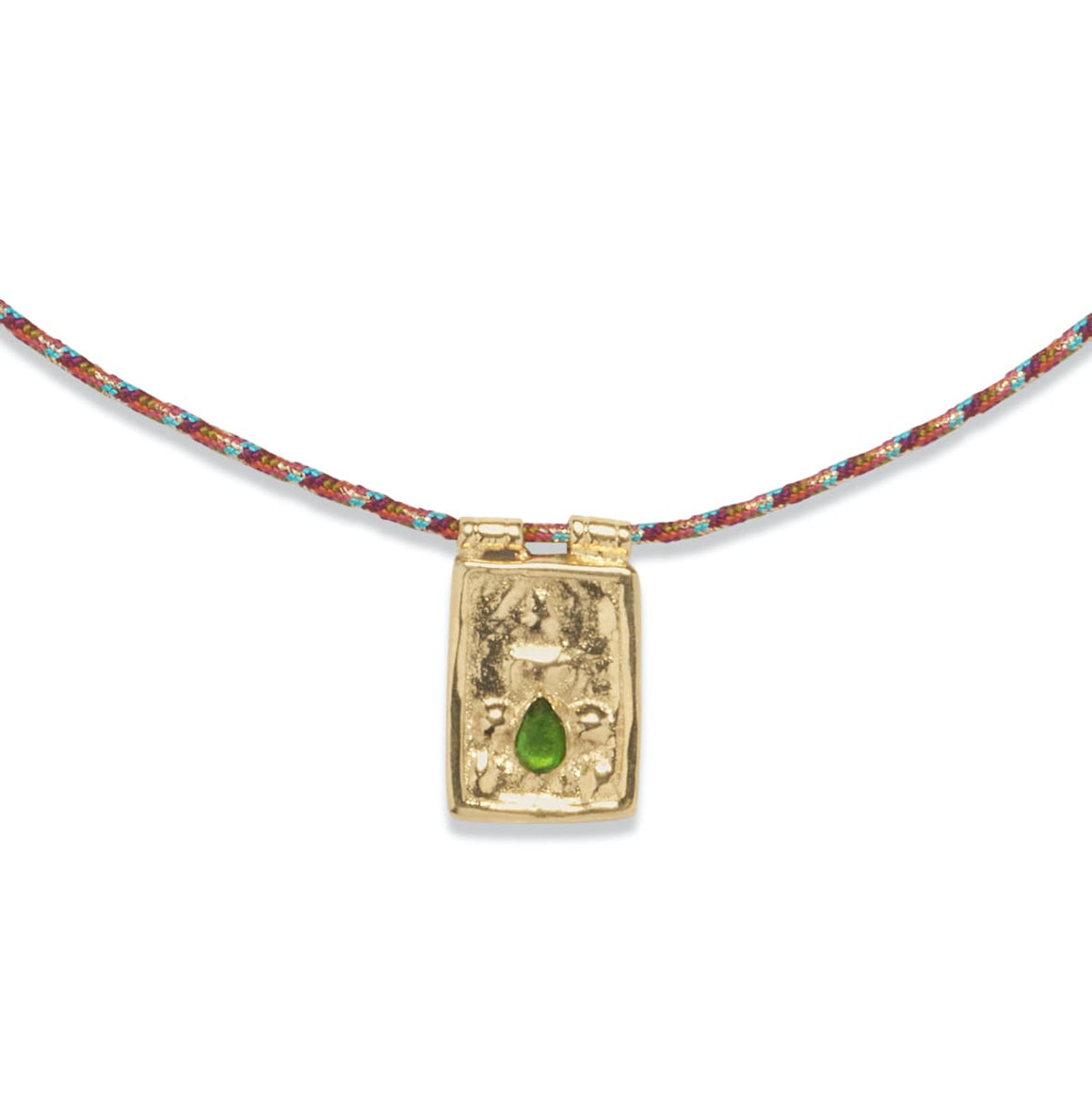 BOUDDHA Collier Diopside de chrome, doré 24 cts, cordon de soie rainbow