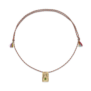 BOUDDHA Collier Diopside de chrome, doré 24 cts, cordon de soie rainbow