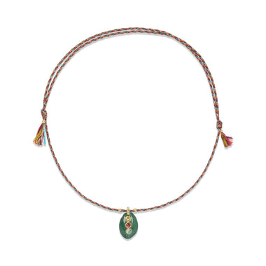 CAURI Collier Coquillage sculpté en Quartz vert, bélière Diamant, Argent 925 doré 24 cts, cordon de soie Rainbow