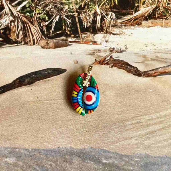 CHARM CAURI émaillé multicolore, bélière Diamant, Argent 925 plaqué or 24 cts