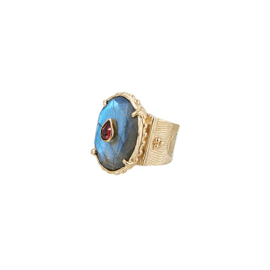 CHEEMA Bague Chevalière Labradorite Grenat