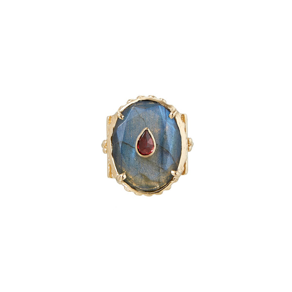 CHEEMA Bague Chevalière Labradorite Grenat