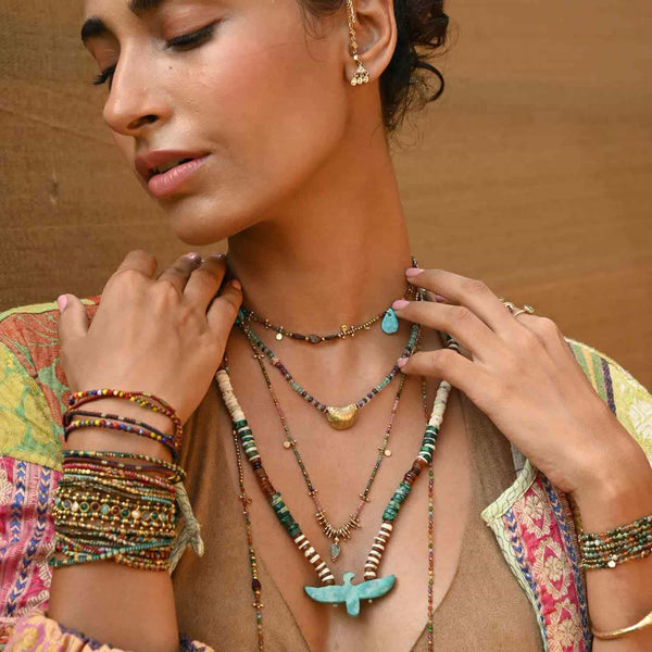 CONDOR Sautoir Chrysocolle Hessonite, Phoenix amazonite