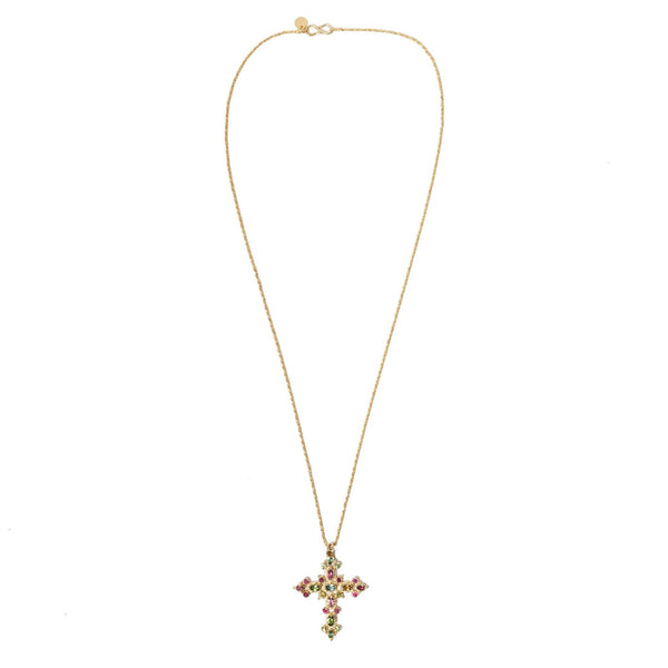 BYZANCE Collier Croix Tourmalines, Argent plaqué or 24 cts