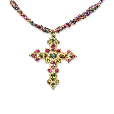 BYZANCE Collier Croix Tourmalines multicolores Argent Doré à l'or 24 cts 1 micron