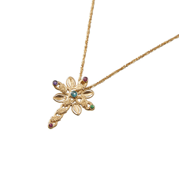 SEVILLE Collier Croix fleurie, Argent plaqué or 24 cts