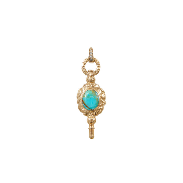 Charm Clé de montre ancienne, Turquoise - Cornaline, Argent plaqué or, bélière diamants