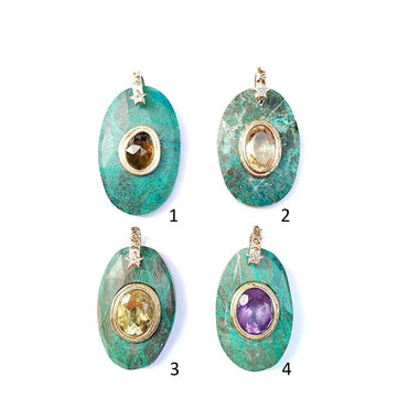 CHARM Chrysocolle sertie Tourmaline, Citrine ou Améthyste, bélière diamant, argent 925 plaqué or