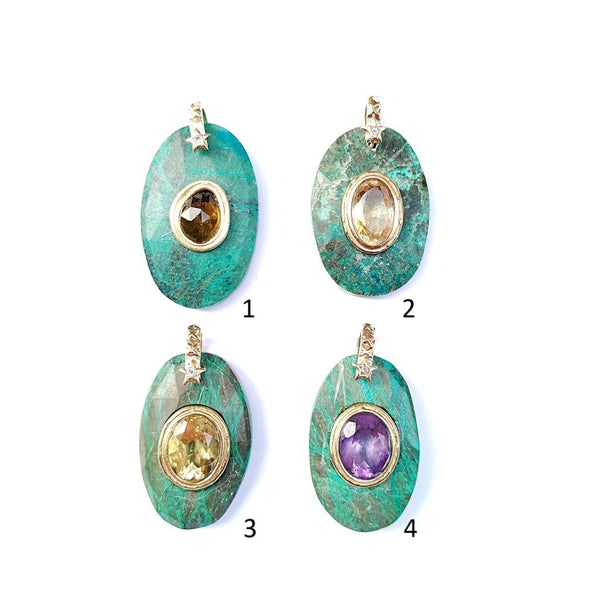CHARM Chrysocolle sertie Tourmaline, Citrine ou Améthyste, bélière diamant, argent 925 plaqué or