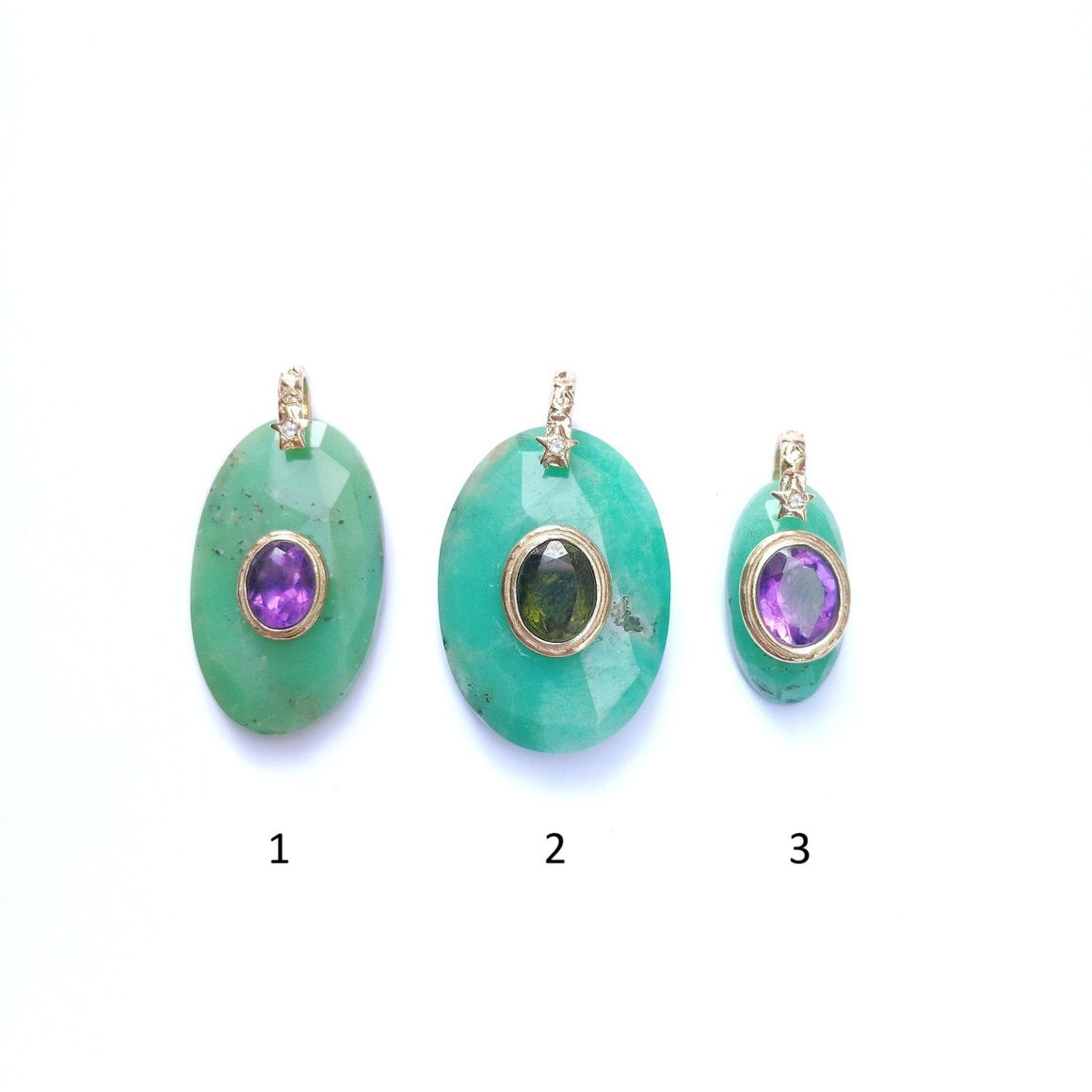 CHARM Crysoprase sertie Améthyste ou Tourmaline, bélière diamant, argent 925 plaqué or