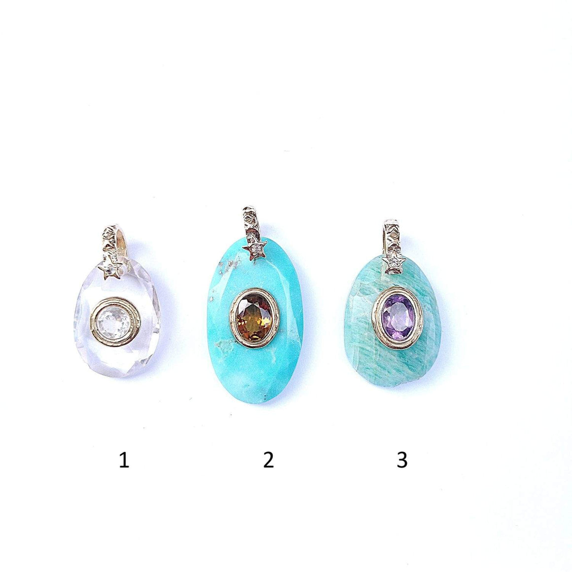 CHARM Cristal, Turquoise d'Arizona ou Amazonite bélière diamant, argent 925 plaqué or