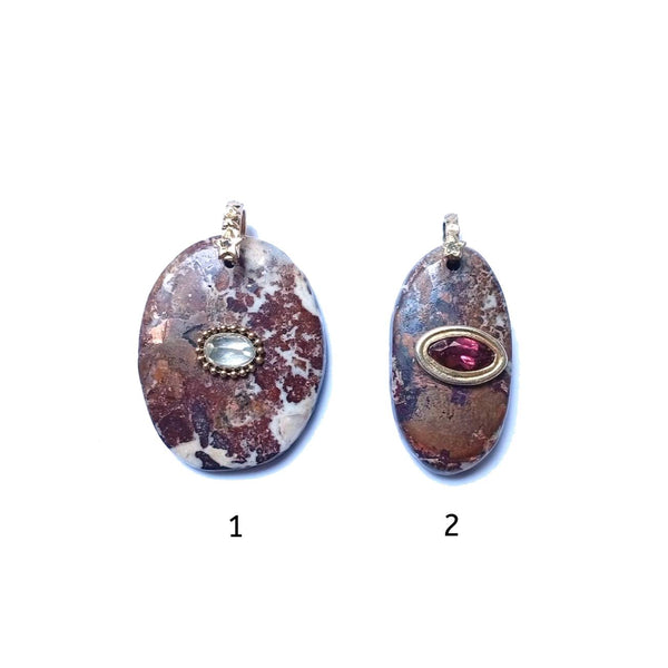 CHARM Dolomite cuivrée sertie Grenat ou Topaze, bélière diamant, argent 925 plaqué or