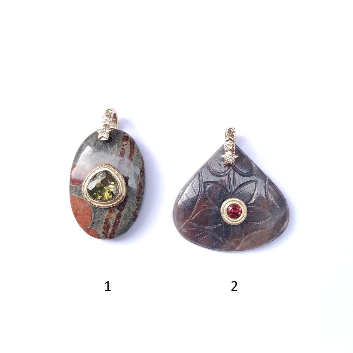 CHARM Jaspe ou Labradorite sertie, bélière diamant, argent 925 plaqué or