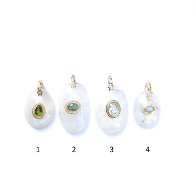 CHARM Moonstone sertie Tourmaline, Labradorite ou Topaze blanche, bélière diamant, argent 925 plaqué or